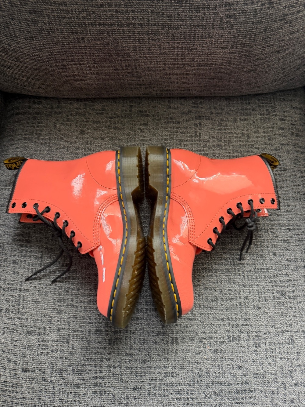 Dr. Martens Coral Orange Patent Lace-Up Combat Boots - Picture 3 of 6